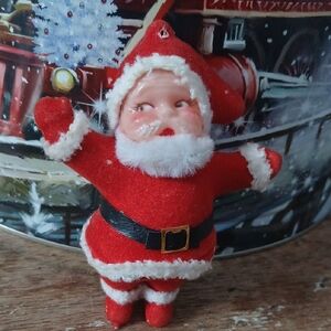 Festive Vintage Flocked Red Santa Claus Figurine